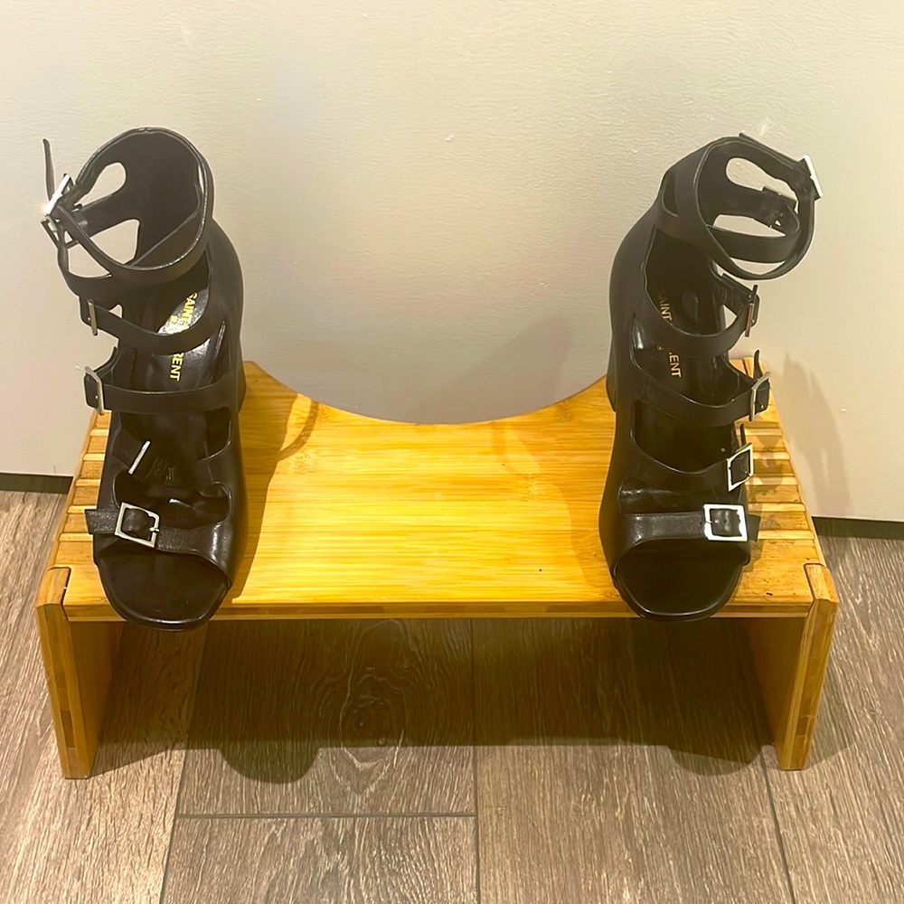 BEAUTIFUL Saint Laurent black wrap up block heels size 7 in EXCELLENT condition!